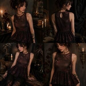 Knox Rose Velvet Burnout Mesh Peplum Top XS Purple Floral Dark Romantic Fairy